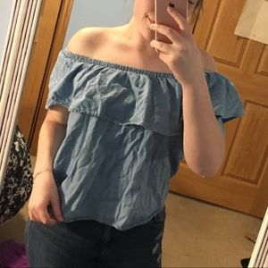 Off the shoulder faux denim shirt